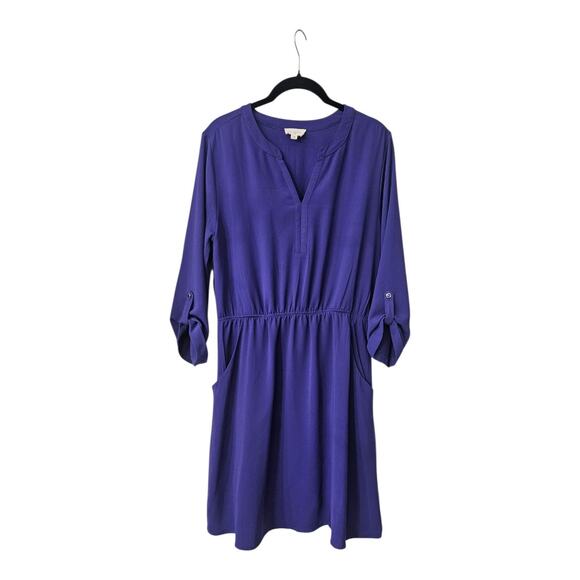 Everly Dress Purple Split Neck Elastic Waist Roll Tab Sleeves Pockets Lined - Picture 1 of 6
